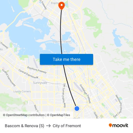 Bascom & Renova (S) to City of Fremont map