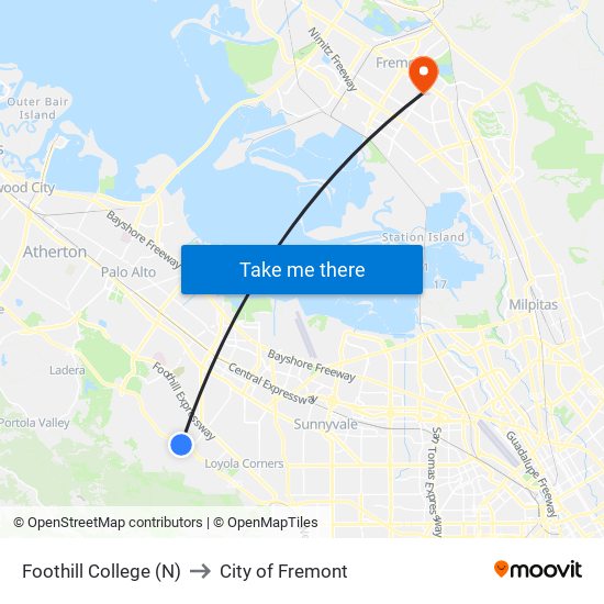Foothill College (N) to City of Fremont map