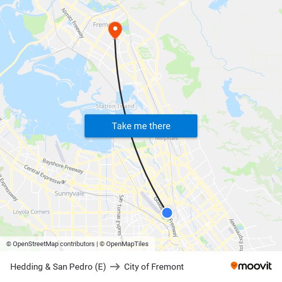 Hedding & San Pedro (E) to City of Fremont map