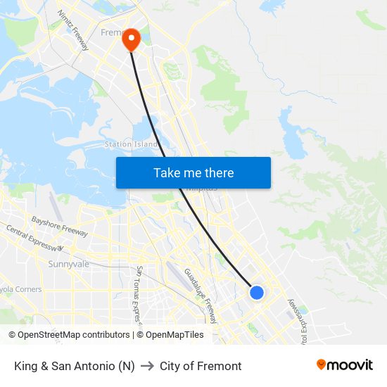 King & San Antonio (N) to City of Fremont map