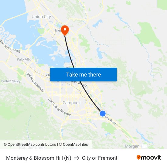 Monterey & Blossom Hill (N) to City of Fremont map