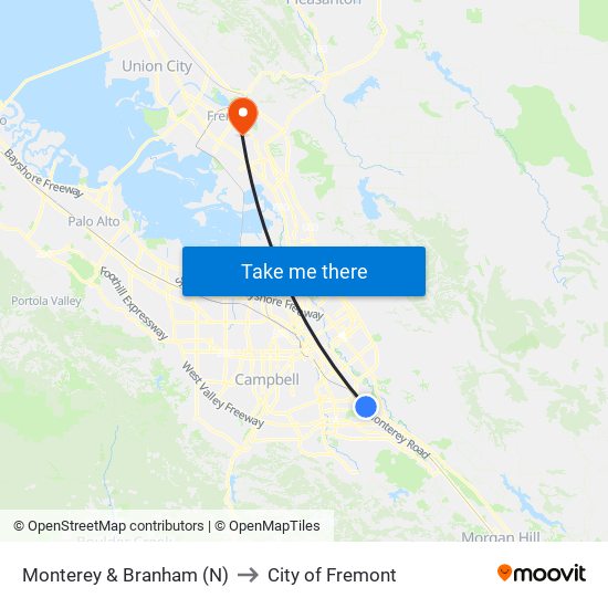 Monterey & Branham (N) to City of Fremont map