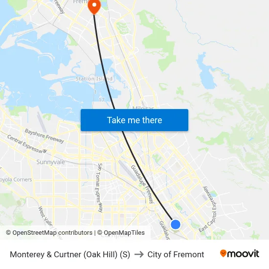 Monterey & Curtner (Oak Hill) (S) to City of Fremont map