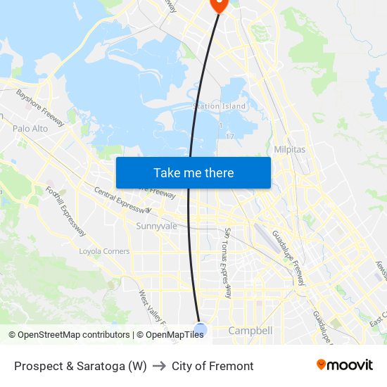 Prospect & Saratoga (W) to City of Fremont map