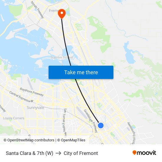 Santa Clara & 7th (W) to City of Fremont map