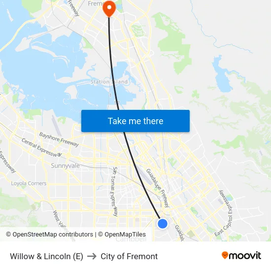 Willow & Lincoln (E) to City of Fremont map