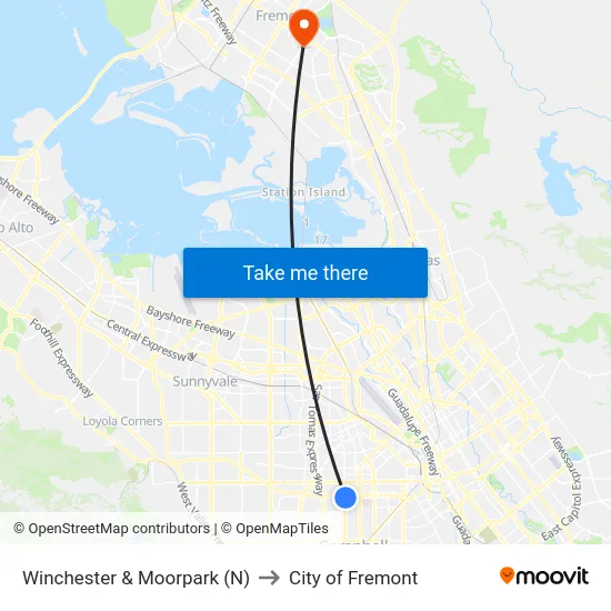 Winchester & Moorpark (N) to City of Fremont map