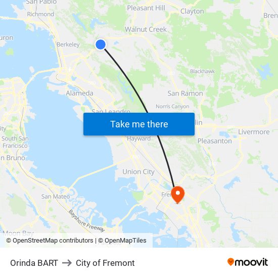 Orinda BART to City of Fremont map