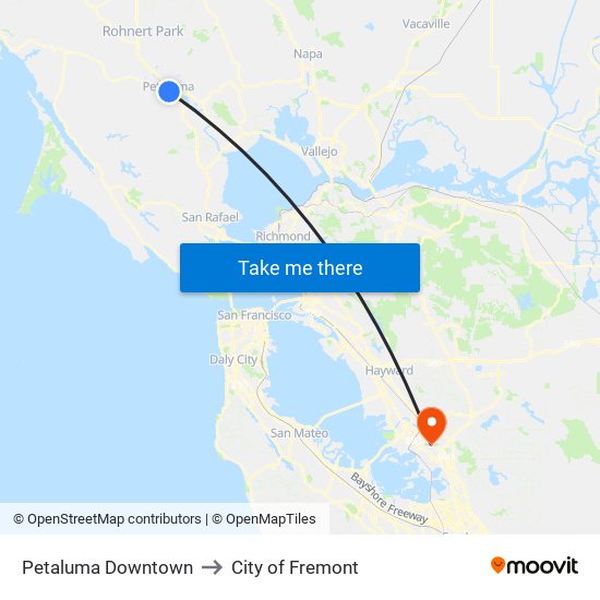 Petaluma Downtown to City of Fremont map