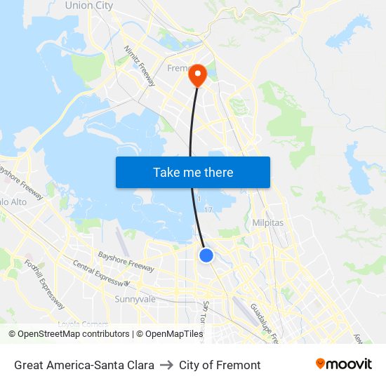 Great America-Santa Clara to City of Fremont map