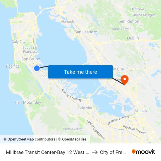 Millbrae Transit Center-Bay C1 to City of Fremont map