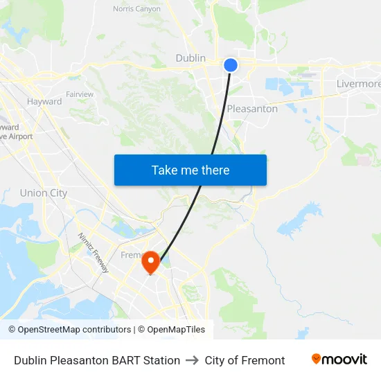 Dublin/Pleasanton BART Station to City of Fremont map