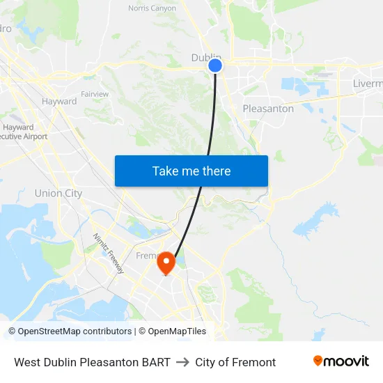 West Dublin/Pleasanton BART to City of Fremont map