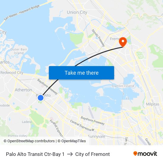 Palo Alto Transit Ctr-Bay 1 to City of Fremont map