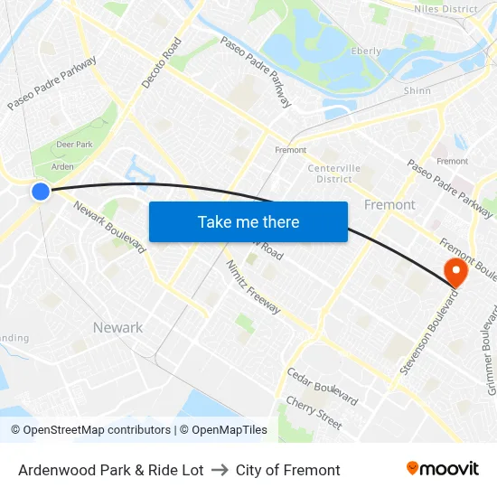 Ardenwood Park & Ride Lot to City of Fremont map