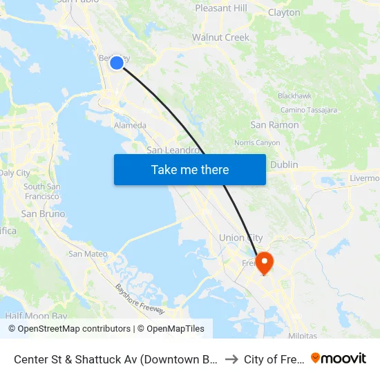 Center St & Shattuck Av (Downtown Berkeley BART) to City of Fremont map