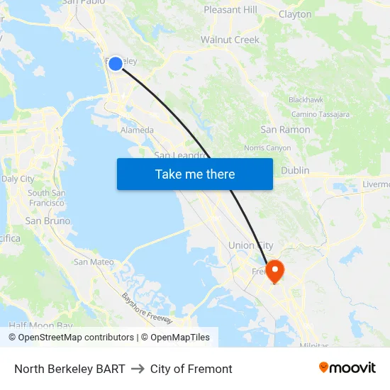 North Berkeley BART to City of Fremont map