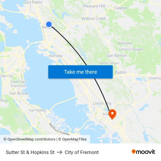 Sutter St & Hopkins St to City of Fremont map