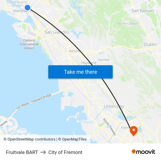 Fruitvale BART to City of Fremont map