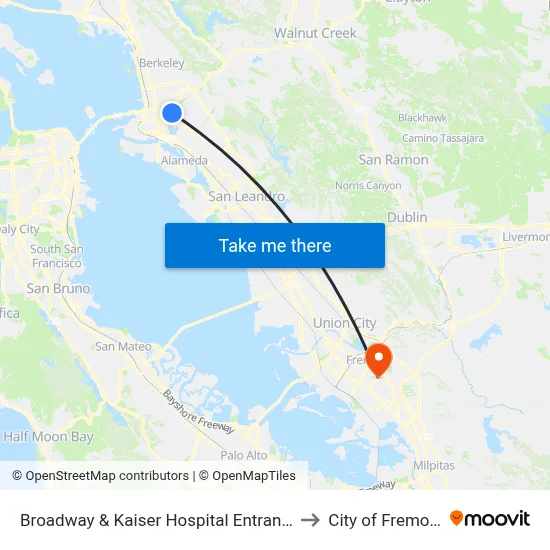 Broadway & Kaiser Hospital Entrance to City of Fremont map