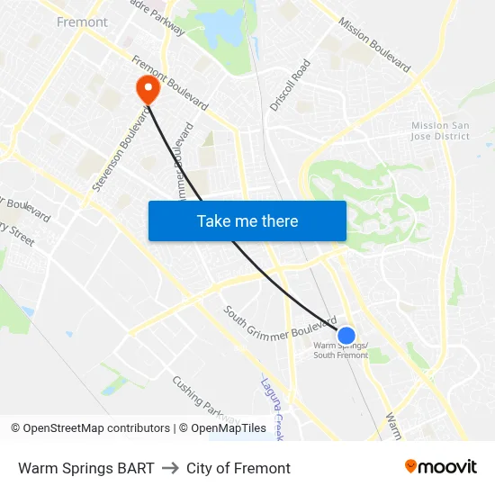 Warm Springs BART to City of Fremont map