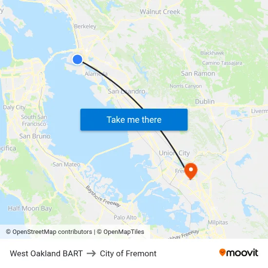 West Oakland BART to City of Fremont map