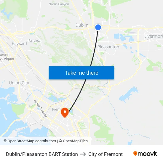 Dublin/Pleasanton BART Station to City of Fremont map
