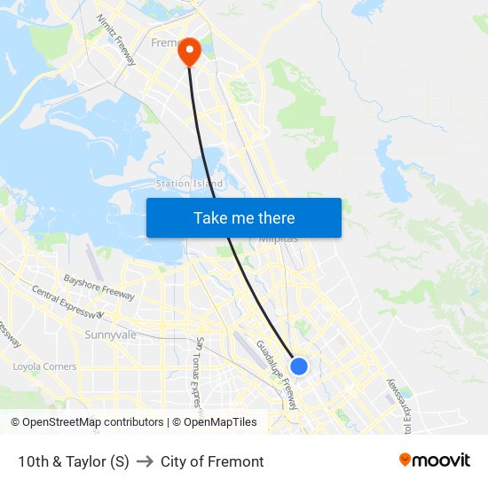 10th & Taylor (S) to City of Fremont map