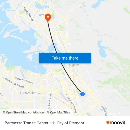 Berryessa Transit Center to City of Fremont map