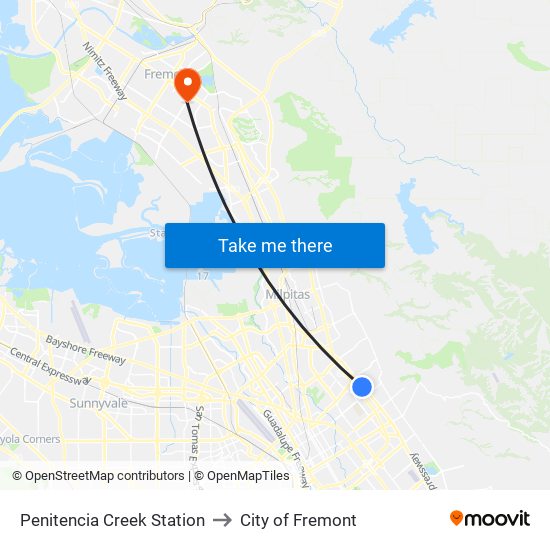 Penitencia Creek Station to City of Fremont map