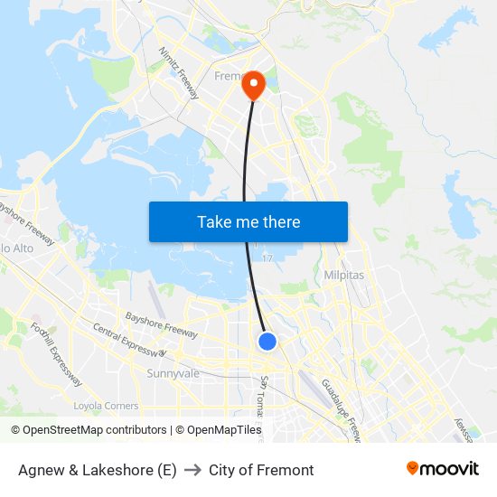 Agnew & Lakeshore (E) to City of Fremont map