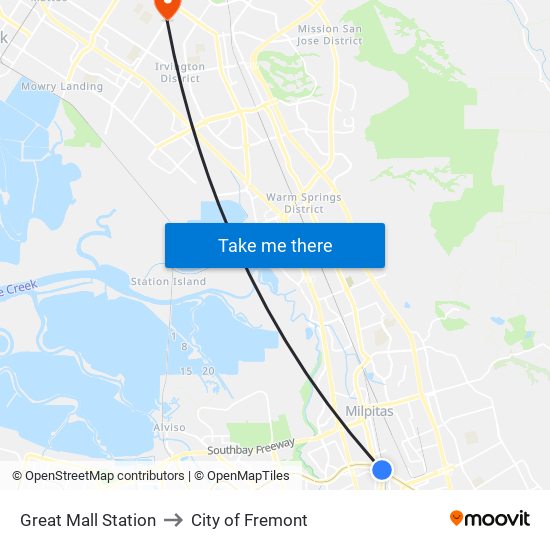 Great Mall Station to City of Fremont map