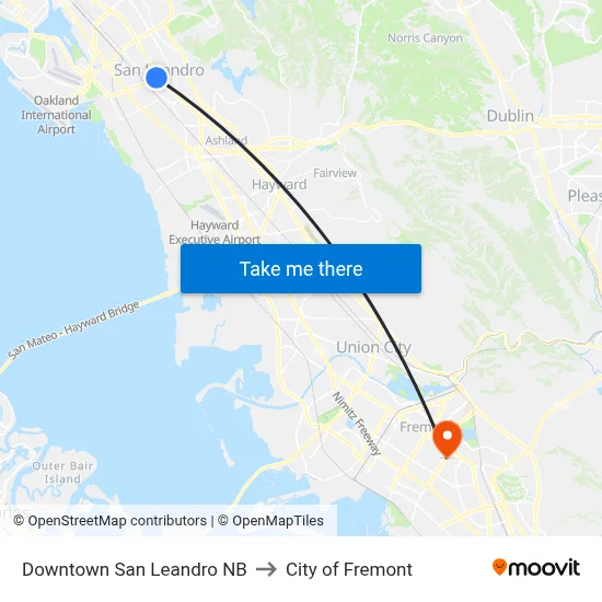 Downtown San Leandro NB to City of Fremont map