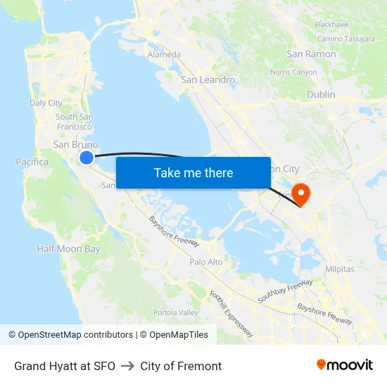 Grand Hyatt at SFO to City of Fremont map