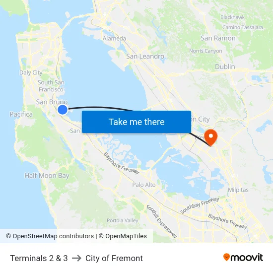 Terminals 2 & 3 to City of Fremont map