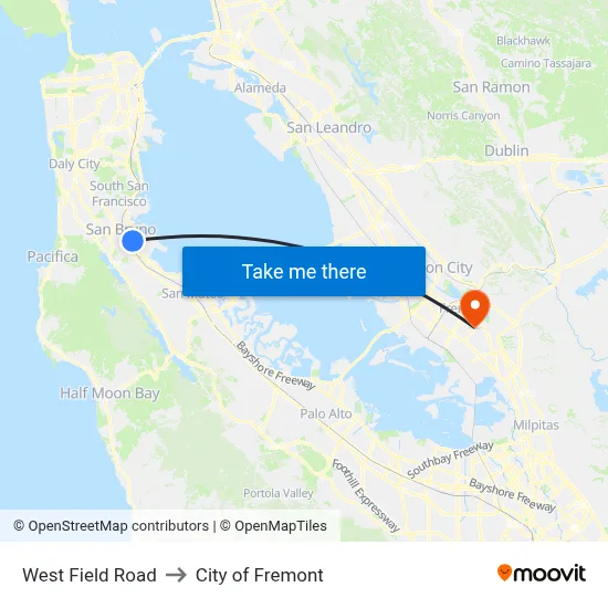 West Field Road to City of Fremont map