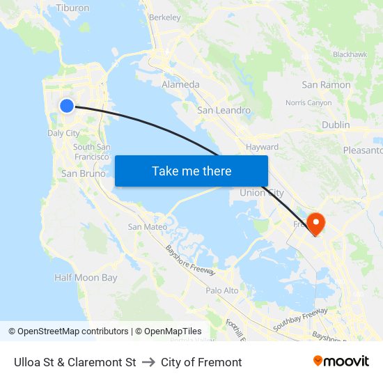 Ulloa St & Claremont St to City of Fremont map