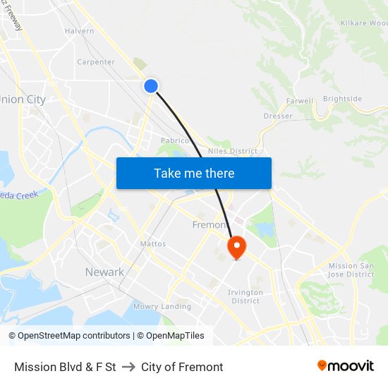 Mission Blvd & F St to City of Fremont map