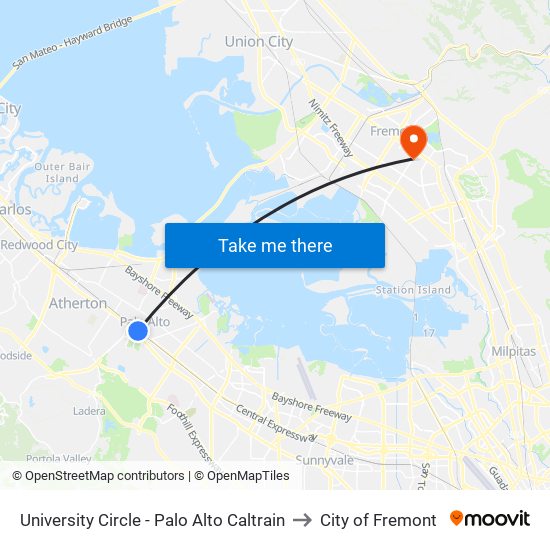 University Circle - Palo Alto Caltrain to City of Fremont map