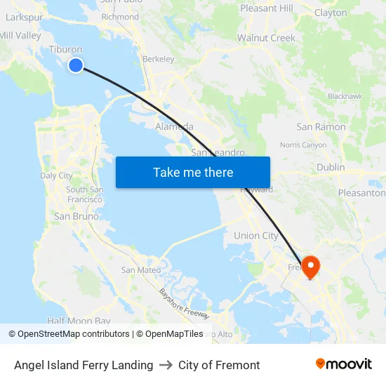 Angel Island Ferry Landing to City of Fremont map