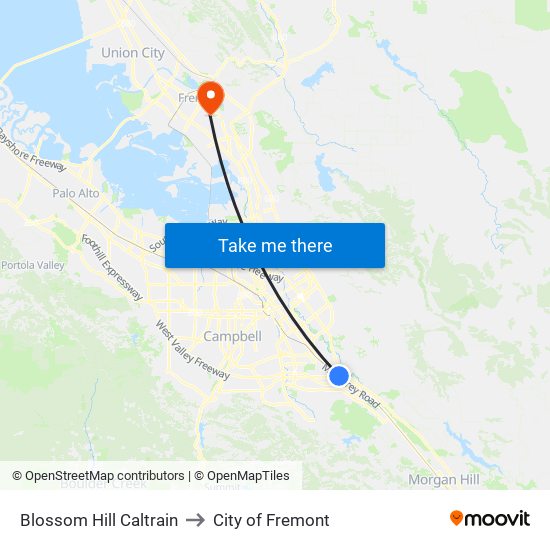 Blossom Hill Caltrain to City of Fremont map