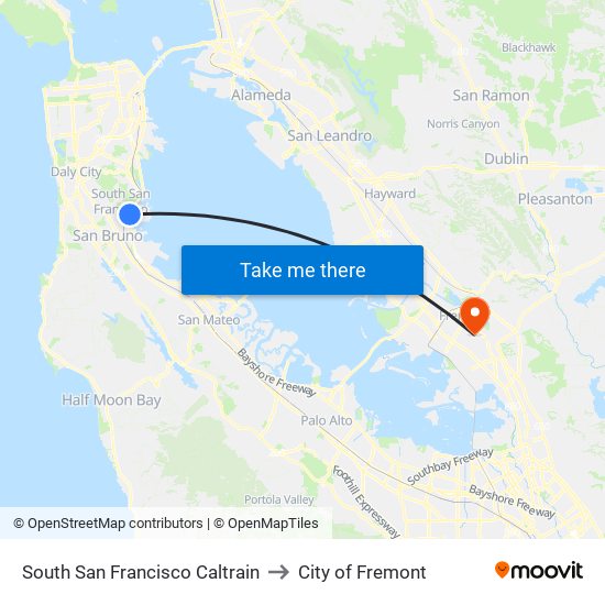 South San Francisco Caltrain to City of Fremont map