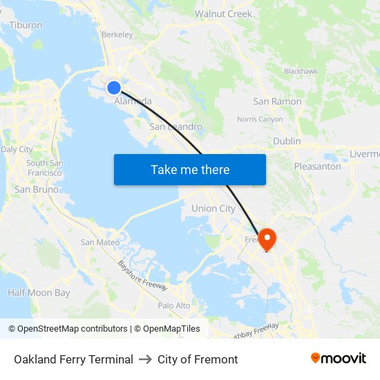 Oakland Ferry Terminal to City of Fremont map