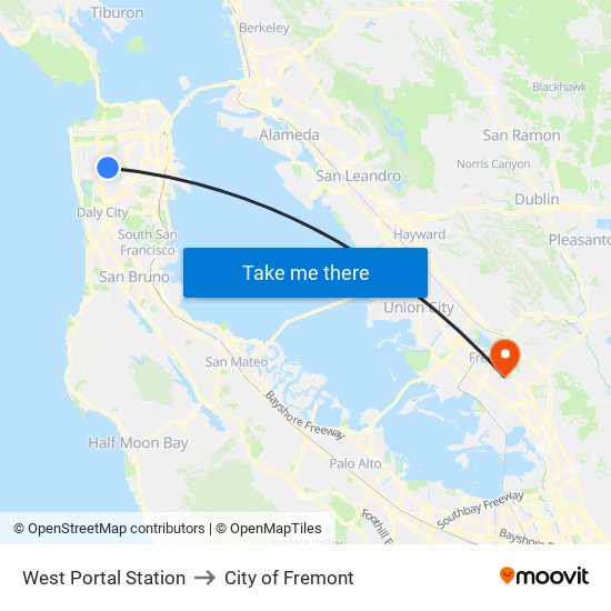 West Portal Station to City of Fremont map