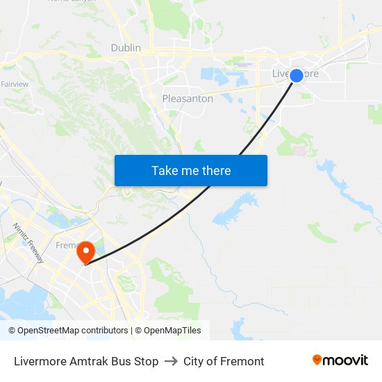 Livermore Amtrak Bus Stop to City of Fremont map