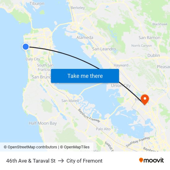 46th Ave & Taraval St to City of Fremont map