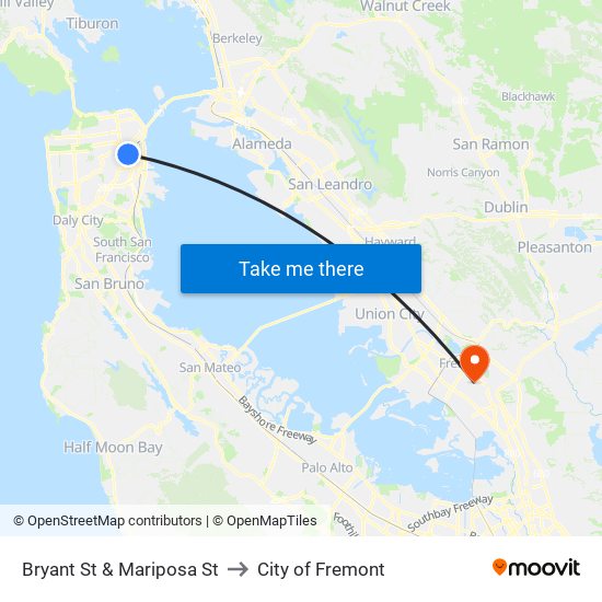 Bryant St & Mariposa St to City of Fremont map