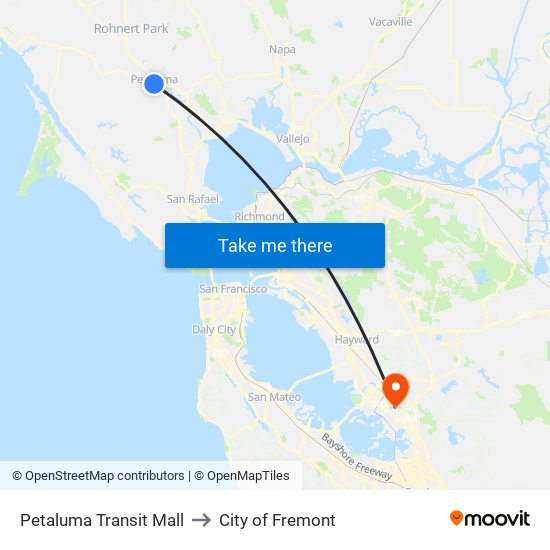 Petaluma Transit Mall to City of Fremont map