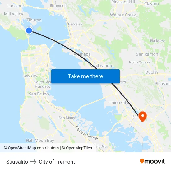 Sausalito to City of Fremont map