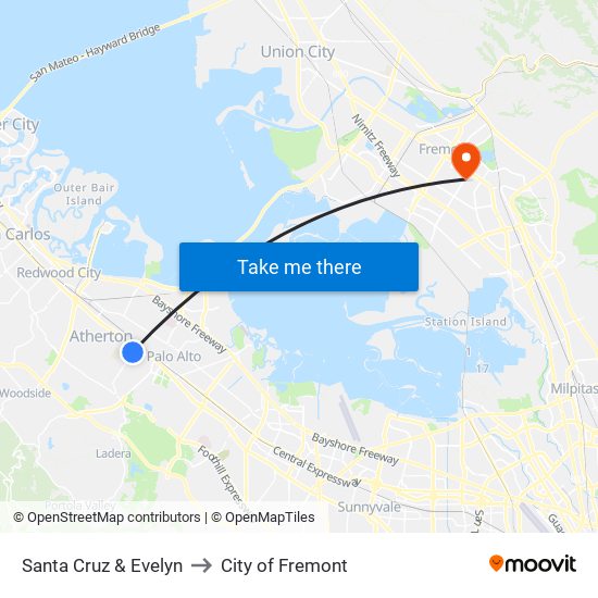 Santa Cruz & Evelyn to City of Fremont map